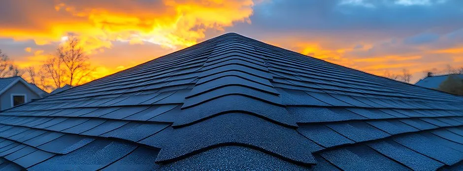 Close view of a residential asphalt shingle roof at sunset