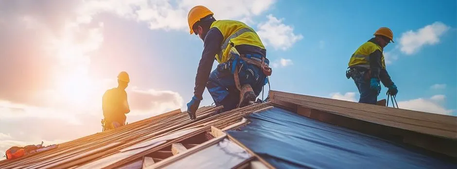 Roofing professionals preparing an asphalt shingle roof